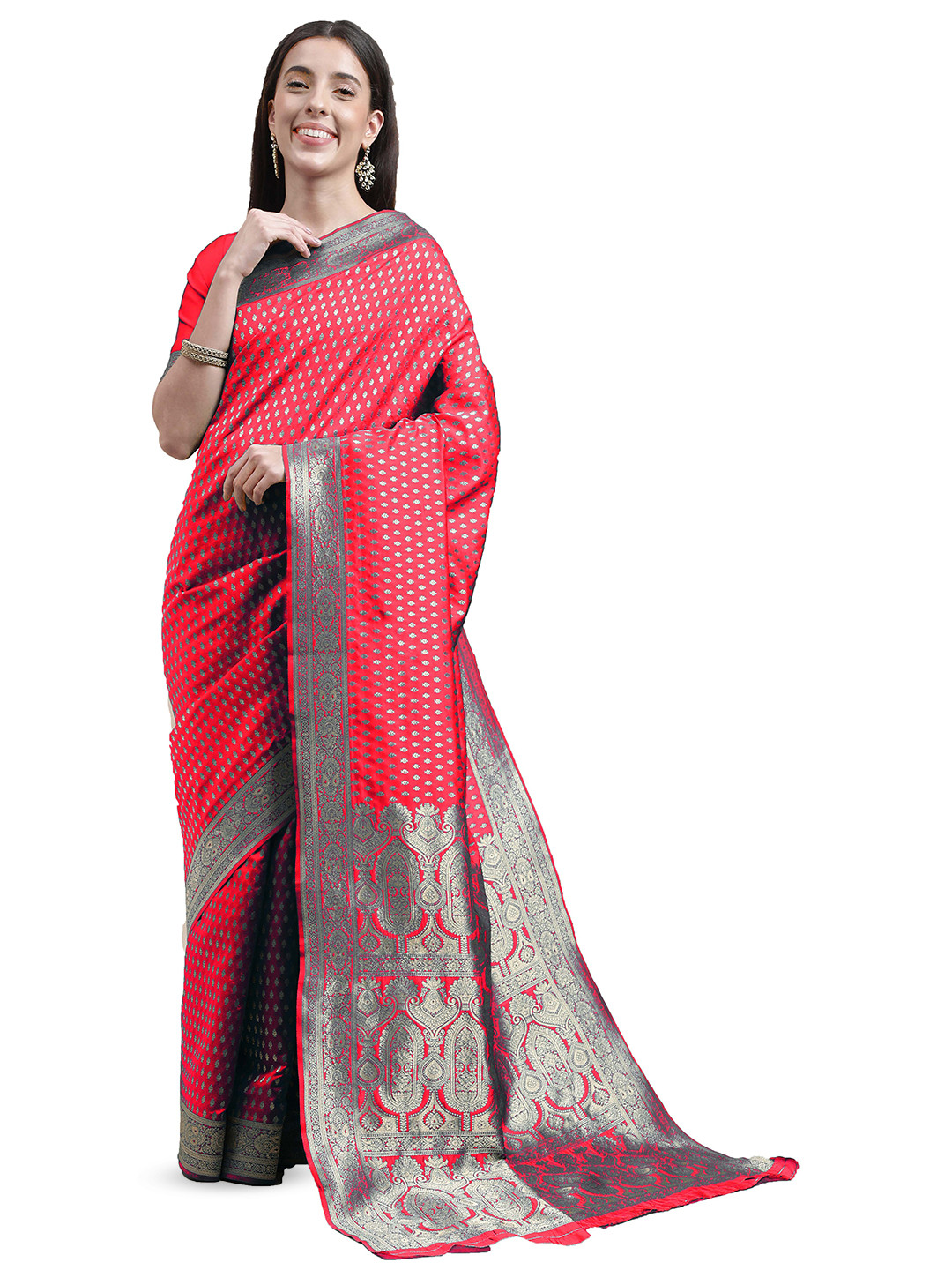 

MANVAA Ethnic Motifs Woven Design Zari Kanjeevaram Saree, Pink
