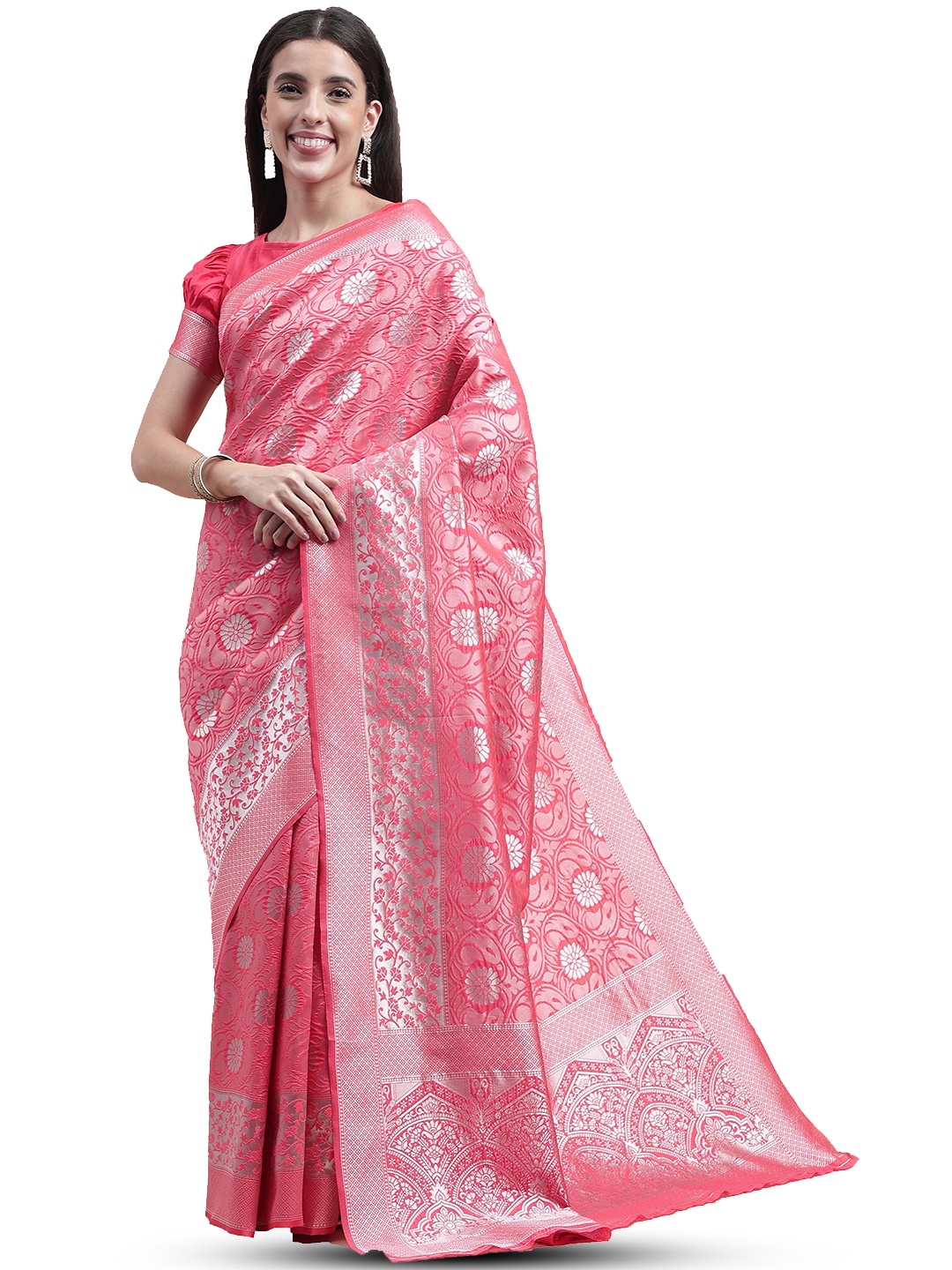 

MANVAA Ethnic Motifs Woven Design Zari Kanjeevaram Saree, Pink