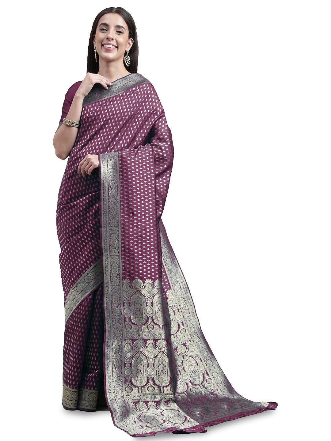 

MANVAA Ethnic Motifs Woven Design Zari Kanjeevaram Saree, Purple