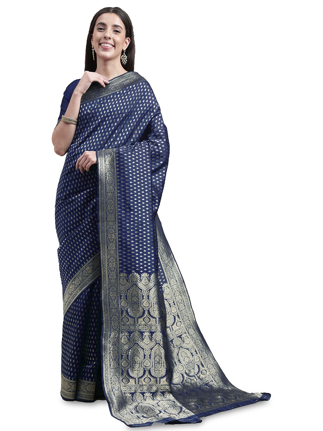 

MANVAA Ethnic Motifs Woven Design Zari Kanjeevaram Saree, Blue