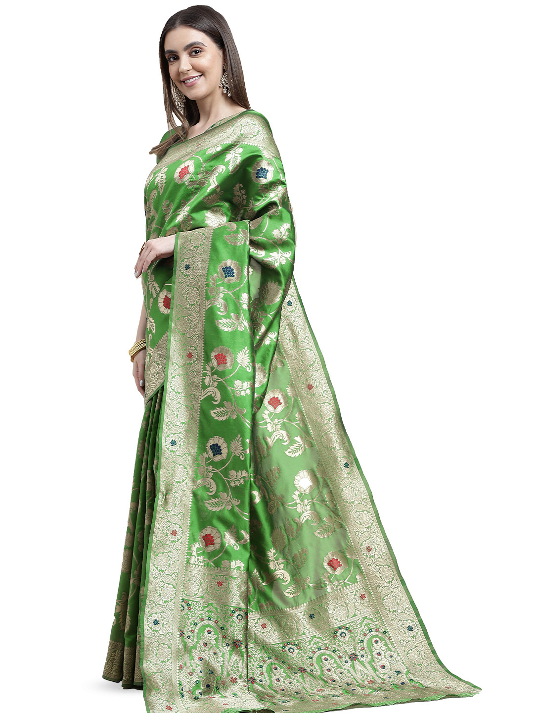 

MANVAA Ethnic Motifs Woven Design Zari Kanjeevaram Saree, Green