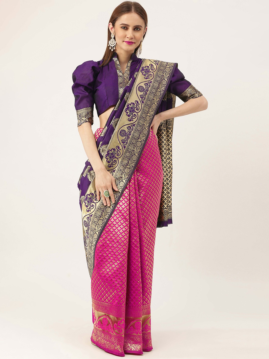 

MANVAA Ethnic Motifs Woven Design Zari Kanjeevaram Saree, Violet