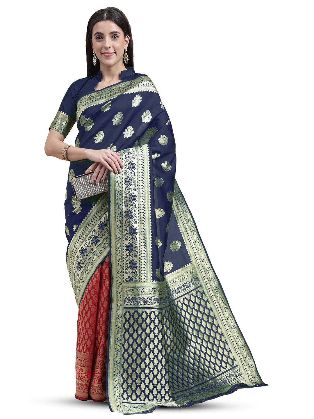 

MANVAA Ethnic Motifs Woven Design Zari Kanjeevaram Saree, Blue