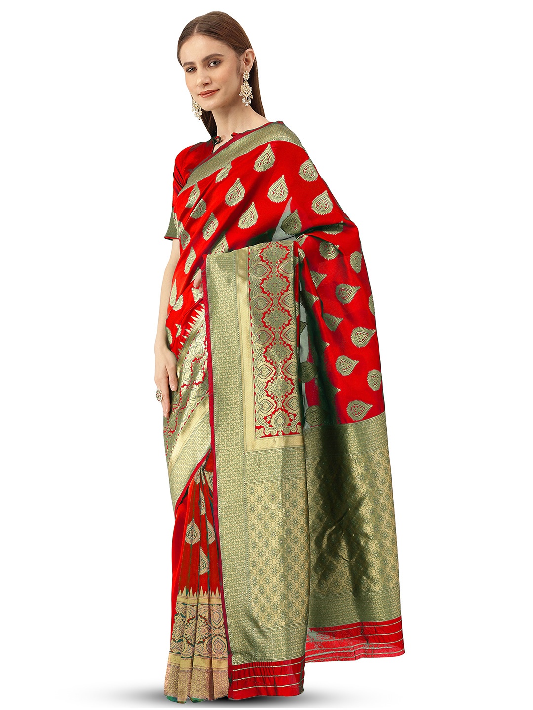 

MANVAA Ethnic Motifs Woven Design Zari Banarasi Saree, Red