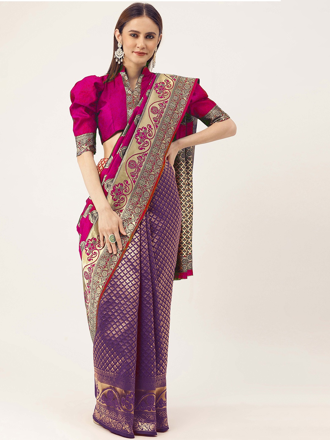 

MANVAA Ethnic Motifs Woven Design Zari Kanjeevaram Saree, Purple