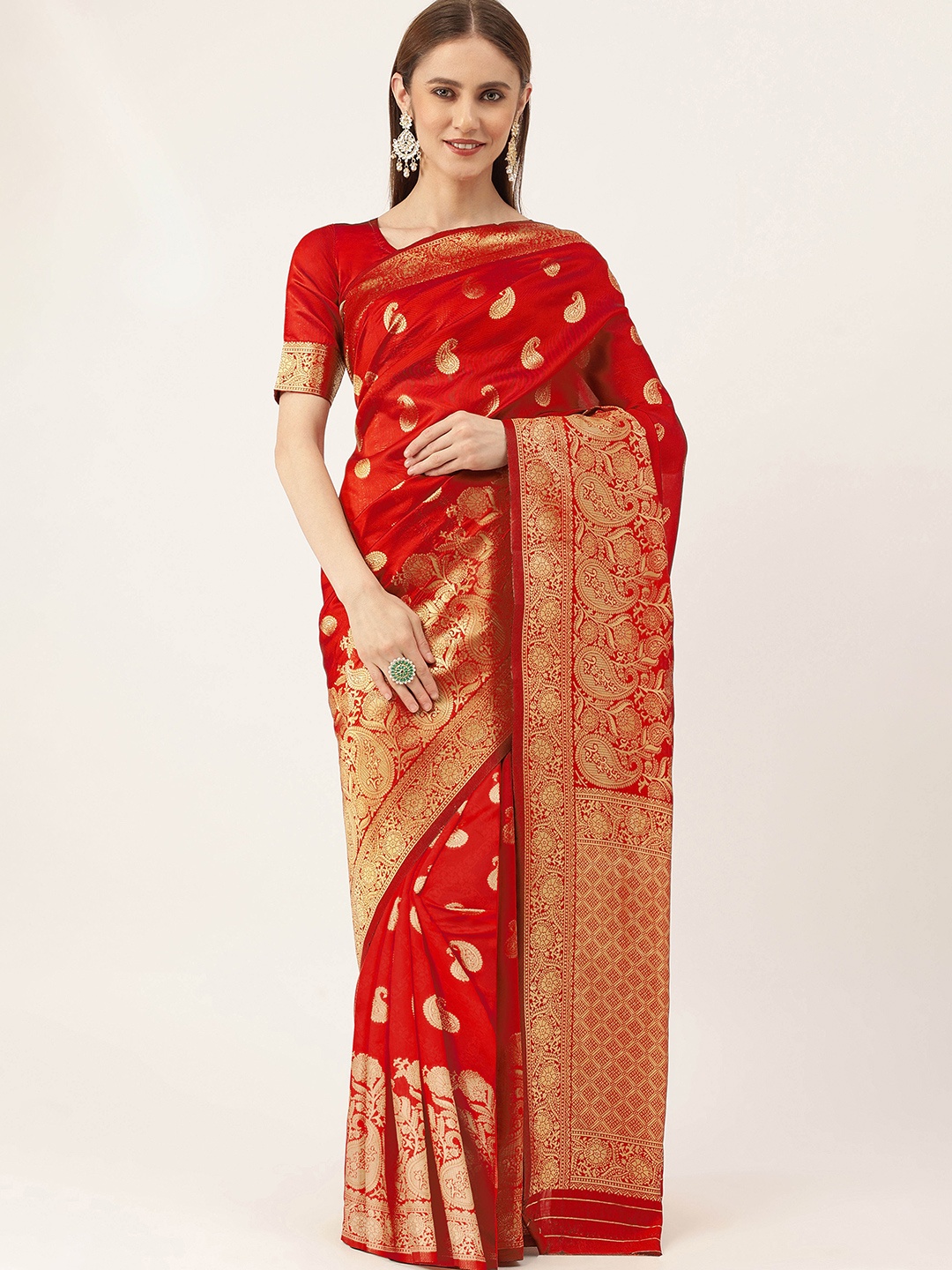 

MANVAA Ethnic Motifs Woven Design Zari Banarasi Saree, Red