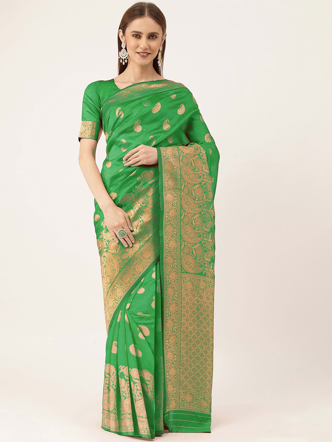

MANVAA Ethnic Motifs Woven Design Zari Banarasi Saree, Green