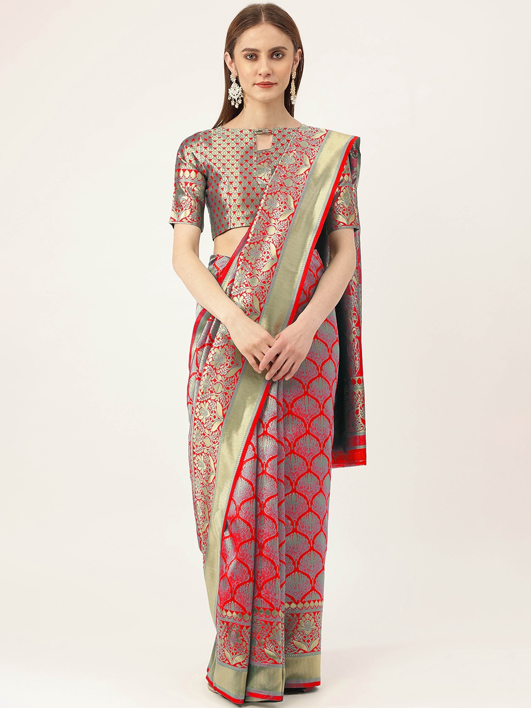 

MANVAA Ethnic Motifs Woven Design Zari Banarasi Saree, Red