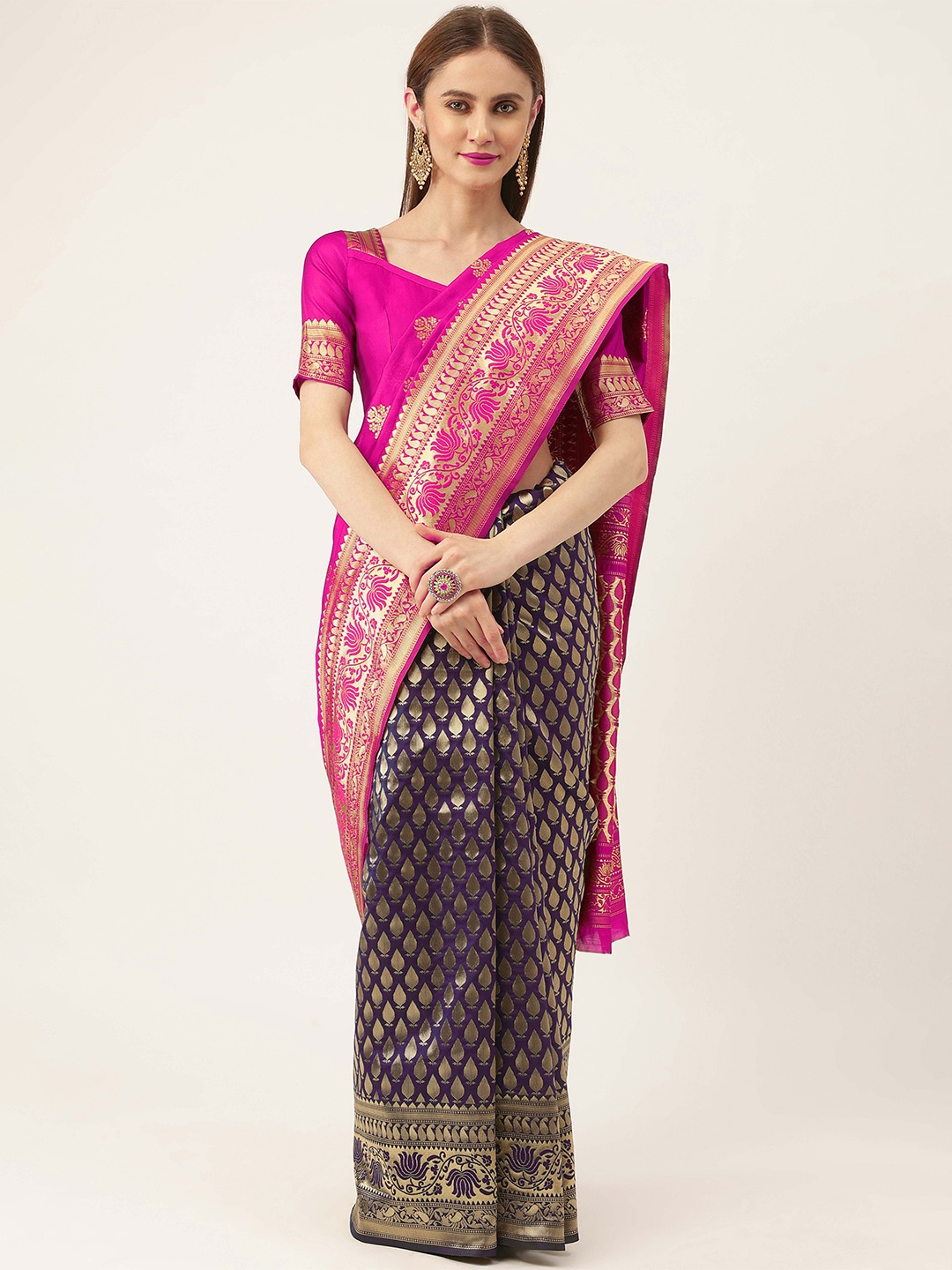 

MANVAA Ethnic Motifs Woven Design Zari Banarasi Saree, Purple