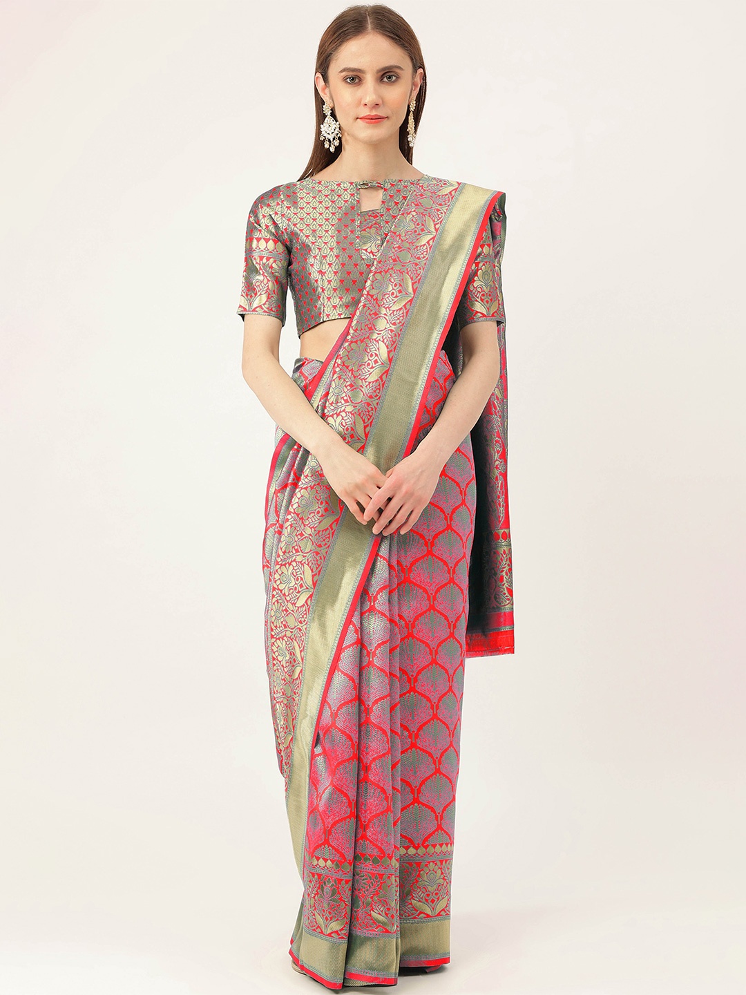 

MANVAA Ethnic Motifs Woven Design Zari Banarasi Saree, Pink