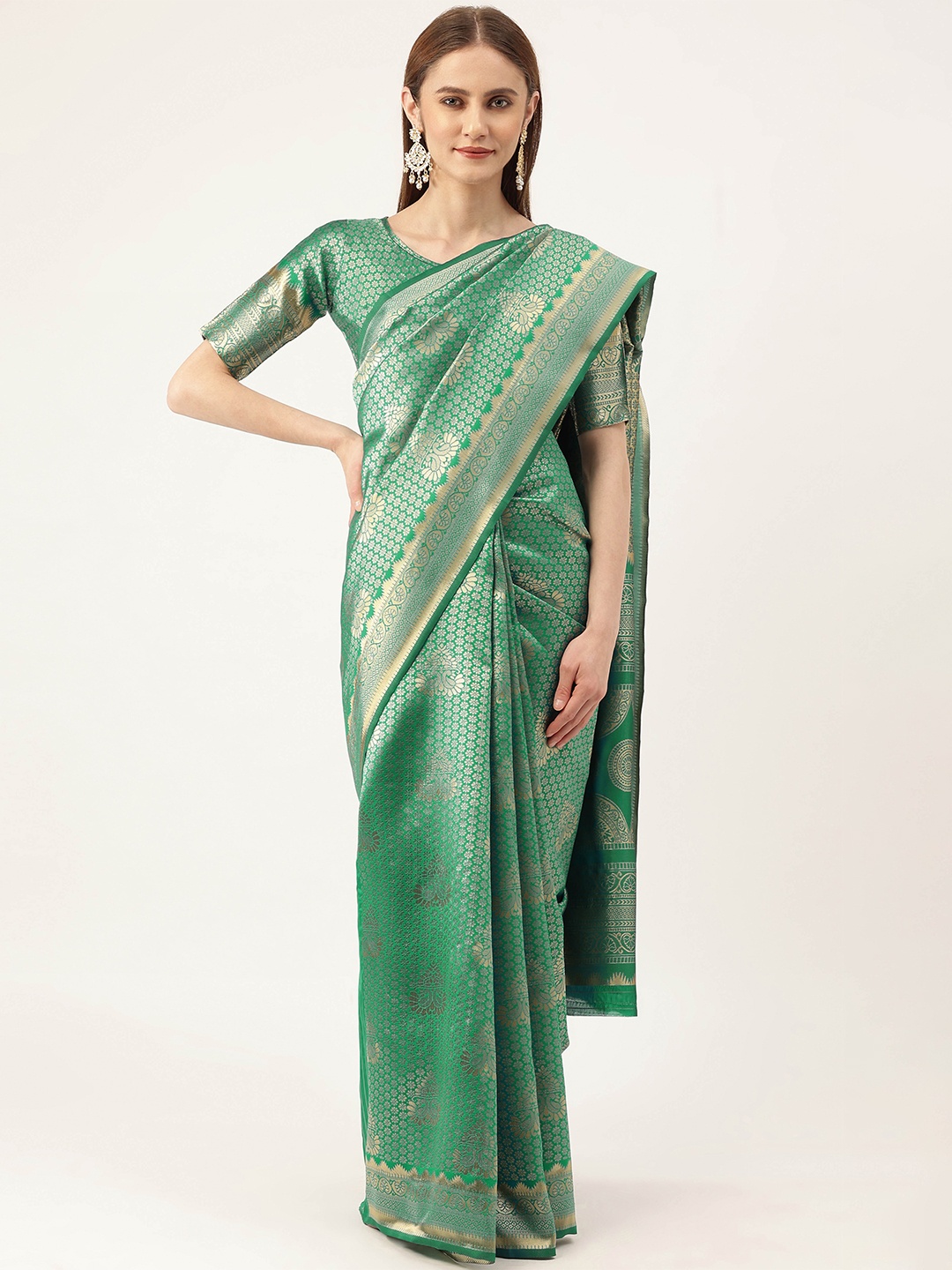 

MANVAA Ethnic Motifs Woven Design Zari Banarasi Saree, Green