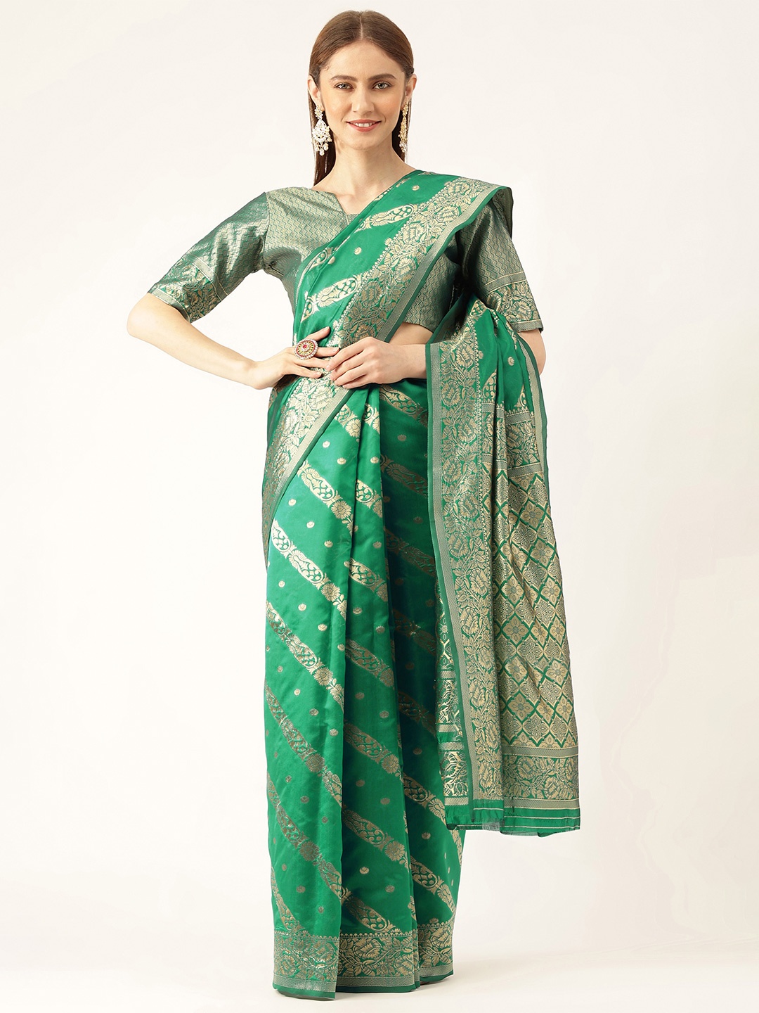 

MANVAA Ethnic Motifs Woven Design Zari Banarasi Saree, Green