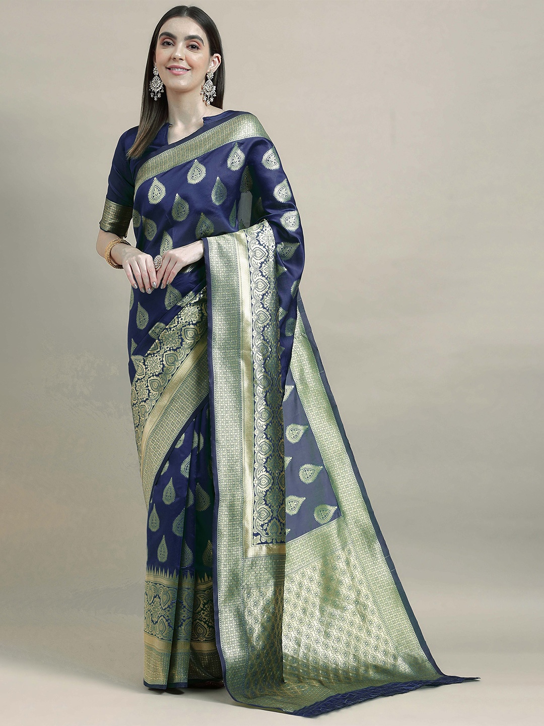 

MANVAA Ethnic Motifs Woven Design Zari Banarasi Saree, Navy blue
