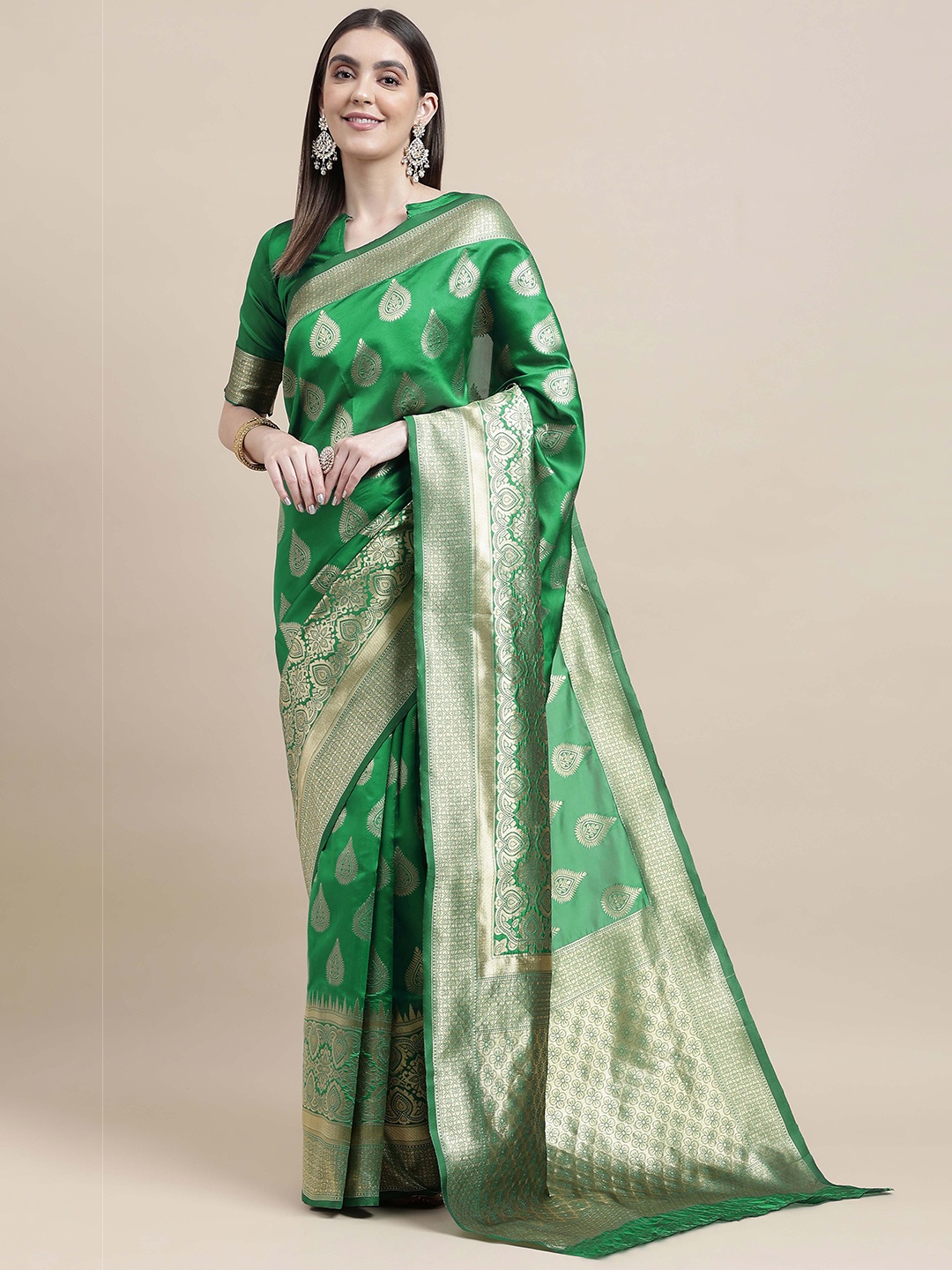 

MANVAA Ethnic Motifs Woven Design Zari Banarasi Saree, Green