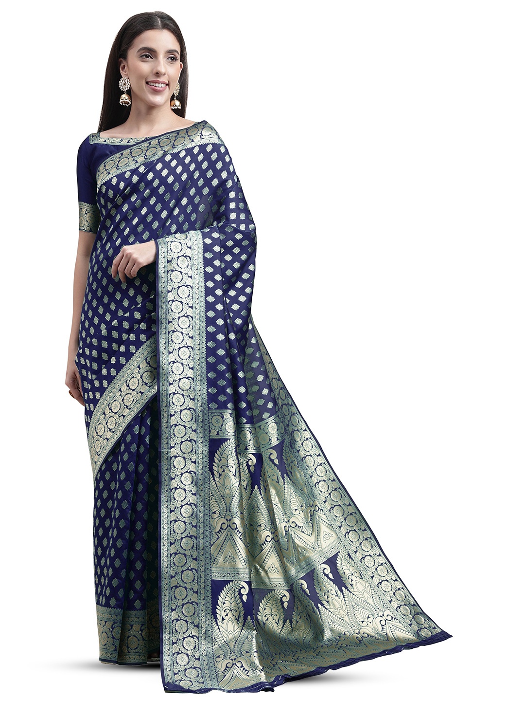 

MANVAA Ethnic Motifs Woven Design Zari Banarasi Saree, Blue