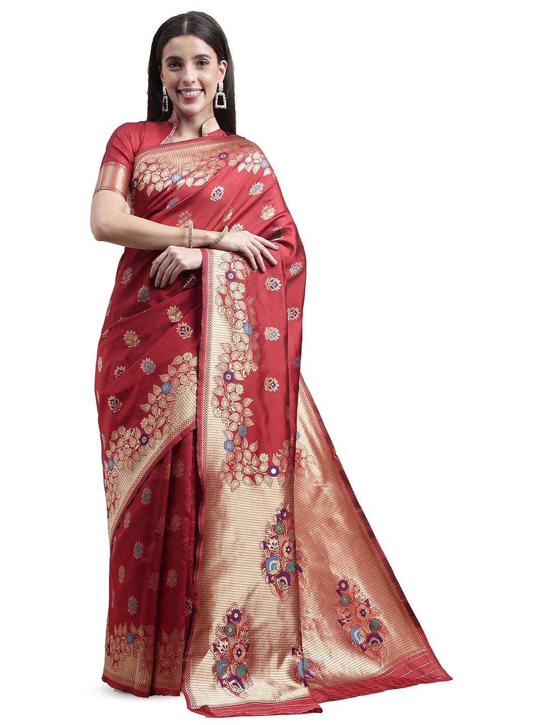 

MANVAA Ethnic Motifs Woven Design Zari Banarasi Saree, Red
