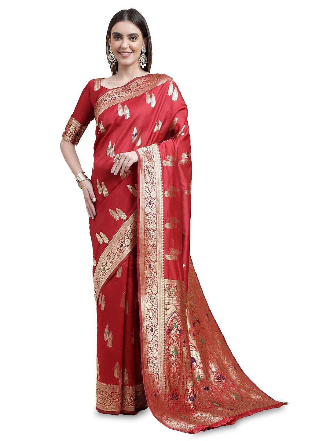 

MANVAA Ethnic Motifs Woven Design Zari Banarasi Saree, Red