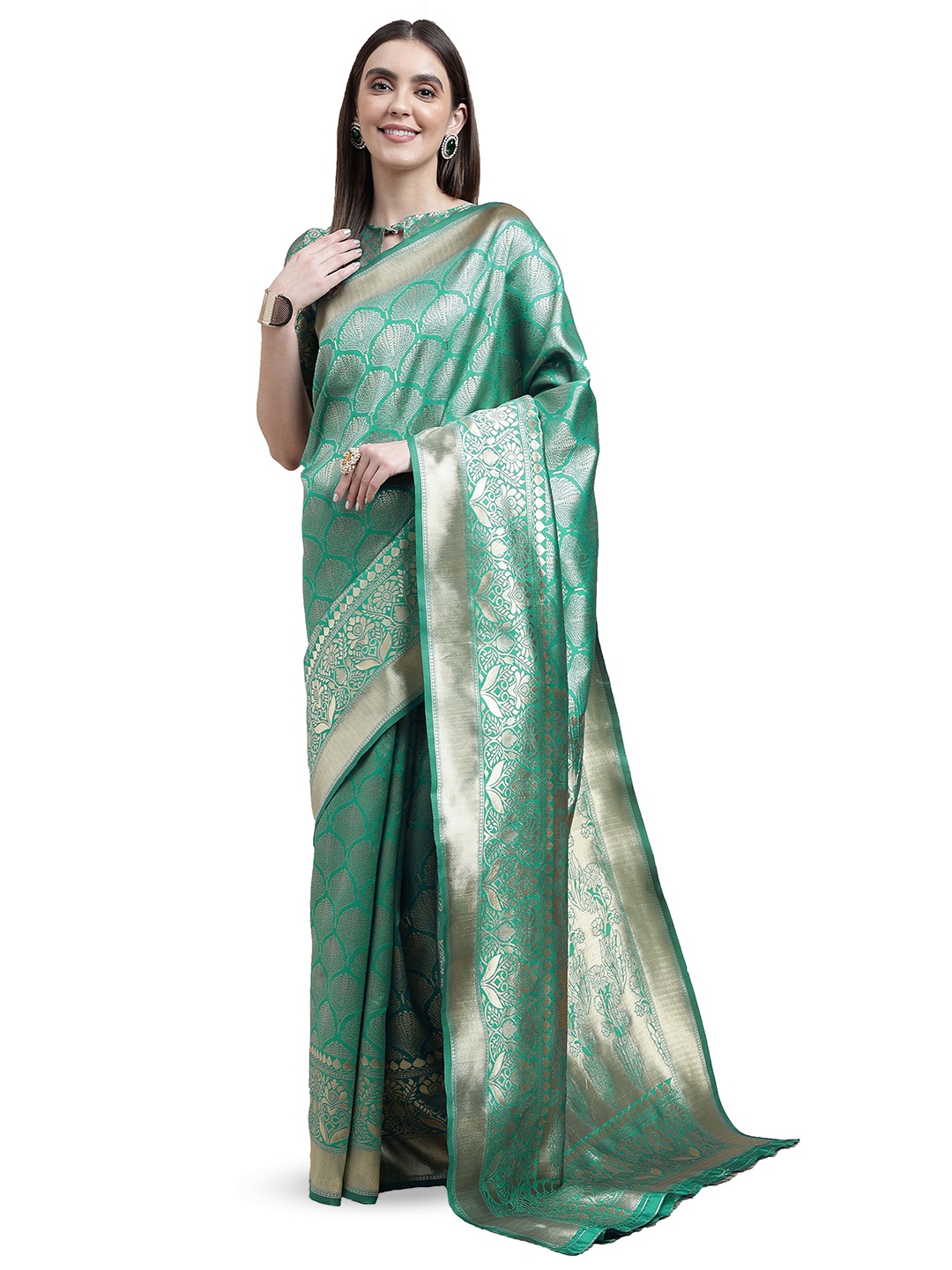 

MANVAA Ethnic Motifs Woven Design Zari Banarasi Saree, Green