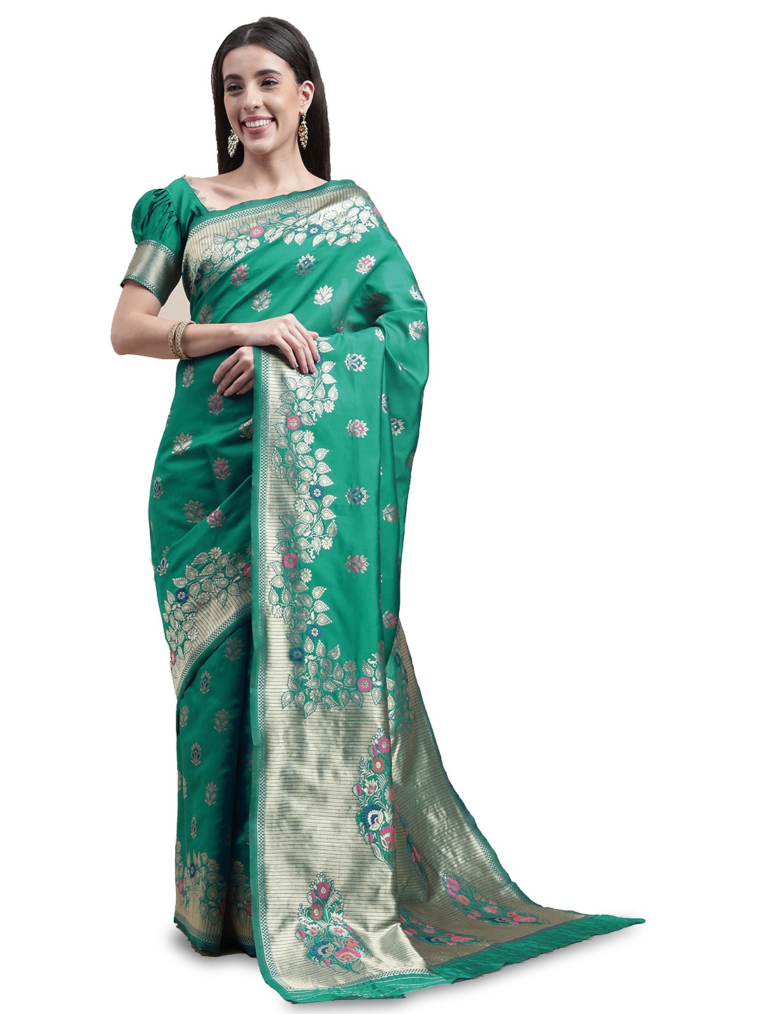 

MANVAA Ethnic Motifs Woven Design Zari Banarasi Saree, Green