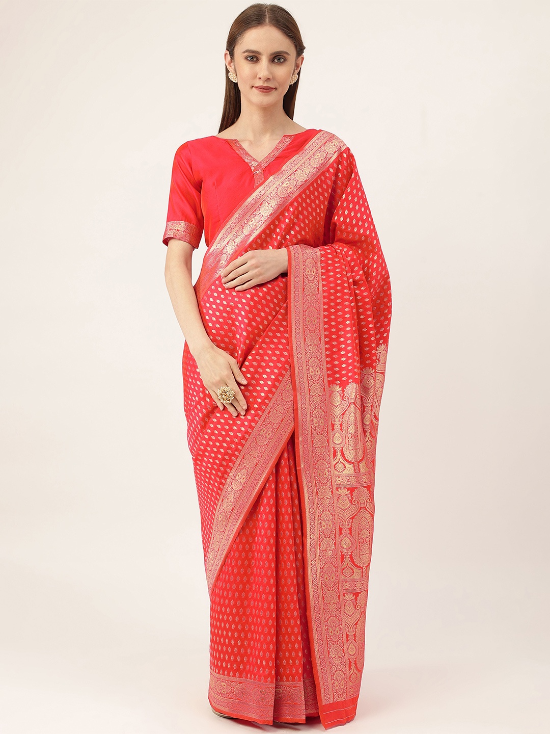 

MANVAA Ethnic Motifs Woven Design Zari Banarasi Saree, Pink