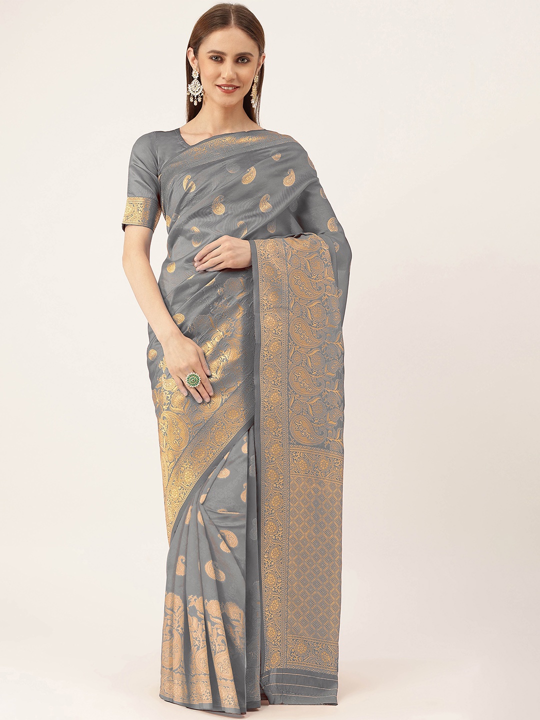 

MANVAA Paisley Woven Design Zari Banarasi Saree, Grey