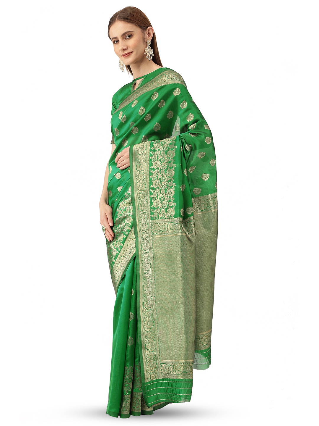 

MANVAA Ethnic Motifs Woven Design Zari Banarasi Saree, Green
