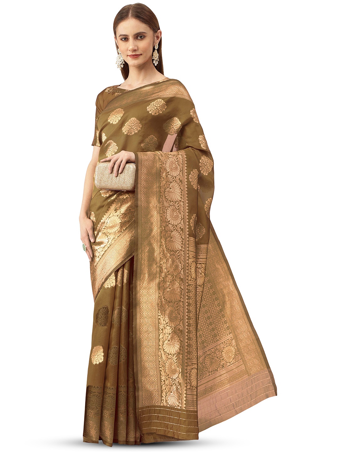 

MANVAA Woven Design Ethnic Motifs Zari Banarasi Saree, Brown