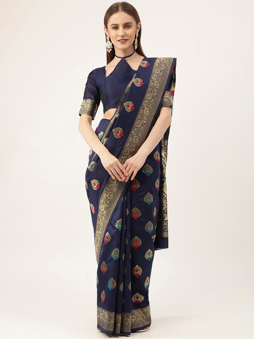 

MANVAA Ethnic Motifs Woven Design Zari Kanjeevaram Saree, Blue