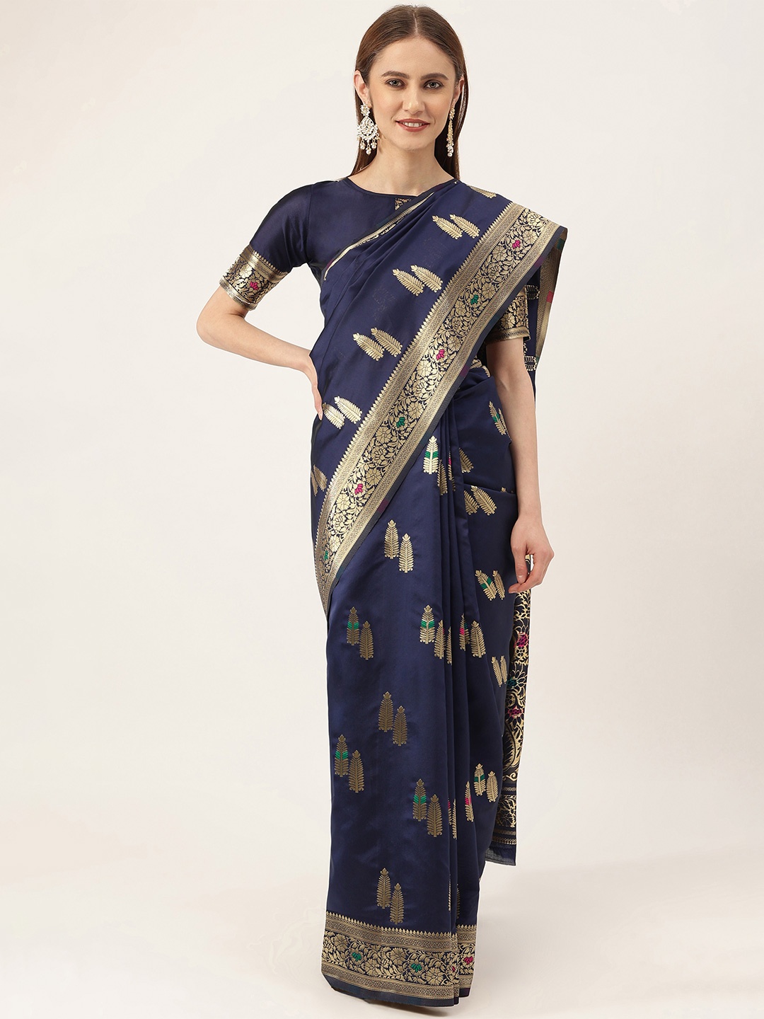 

MANVAA Ethnic Motifs Woven Design Zari Kanjeevaram Saree, Navy blue