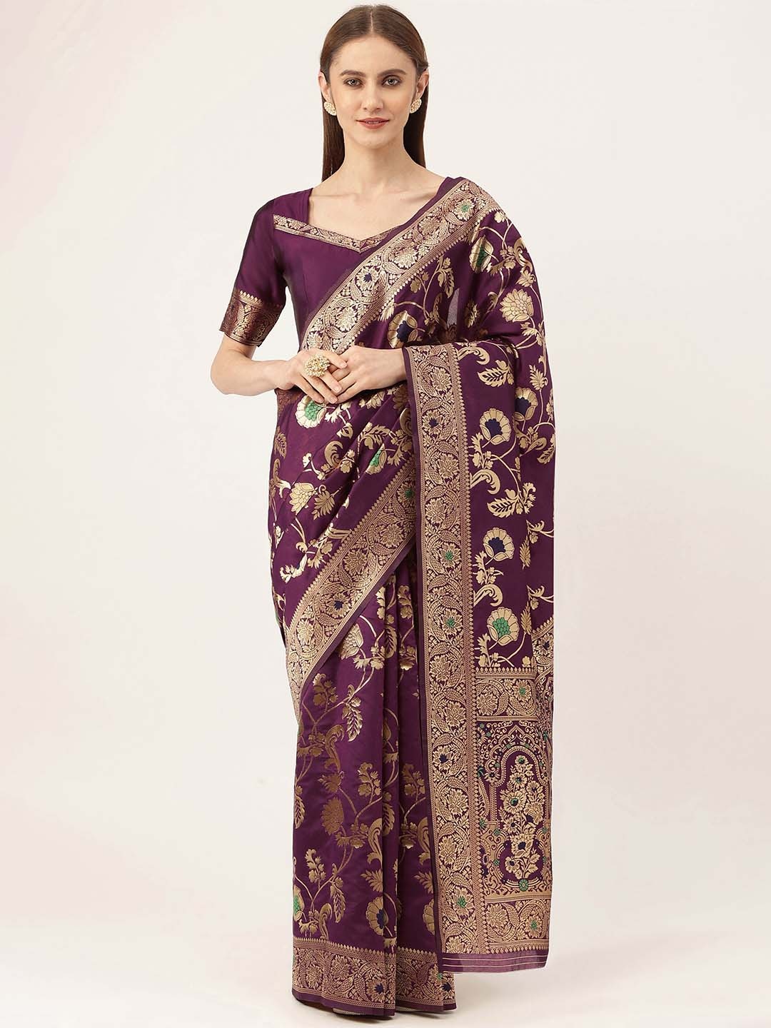 

MANVAA Woven Design Zari Silk Blend Banarasi Saree, Purple