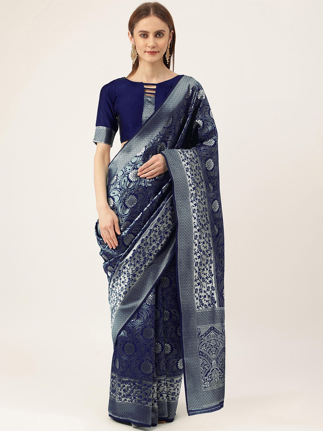 

MANVAA Woven Design Ethnic Motifs Zari Banarasi Saree, Blue