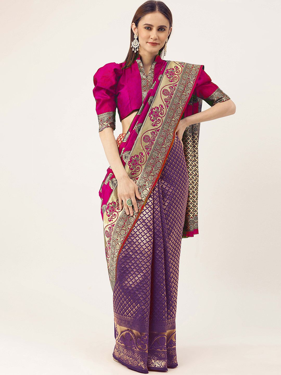 

MANVAA Ethnic Motifs Woven Design Zari Kanjeevaram Saree, Purple