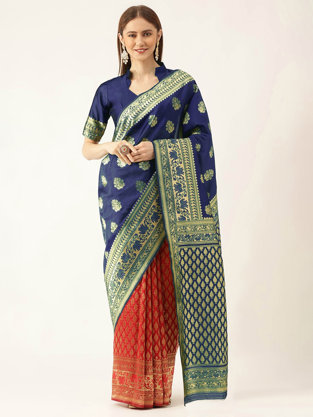 

MANVAA Ethnic Motifs Woven Design Zari Kanjeevaram Saree, Blue
