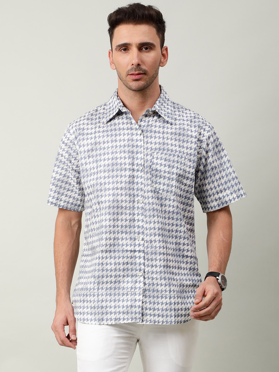

NAVIYATA India Slim Abstract Printed Pure Cotton Casual Shirt, Blue