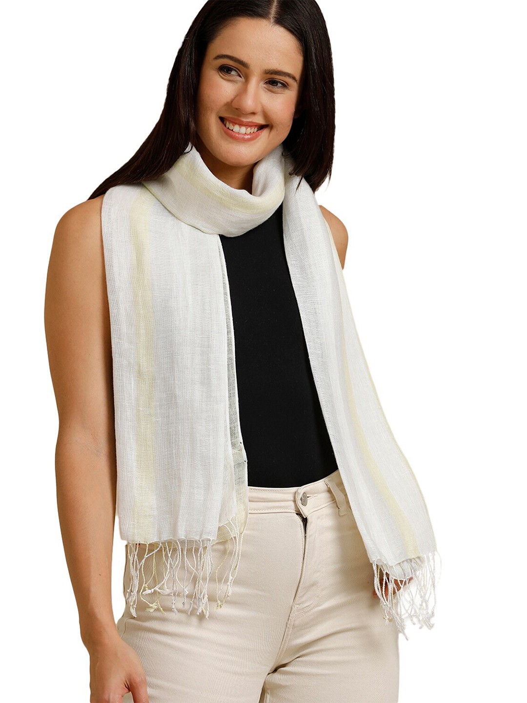 

Linen Club Unisex Striped Pure Linen Stole, White