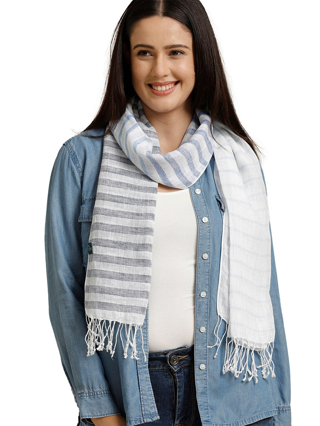 

Linen Club Unisex Striped Pure Linen Stole, Blue