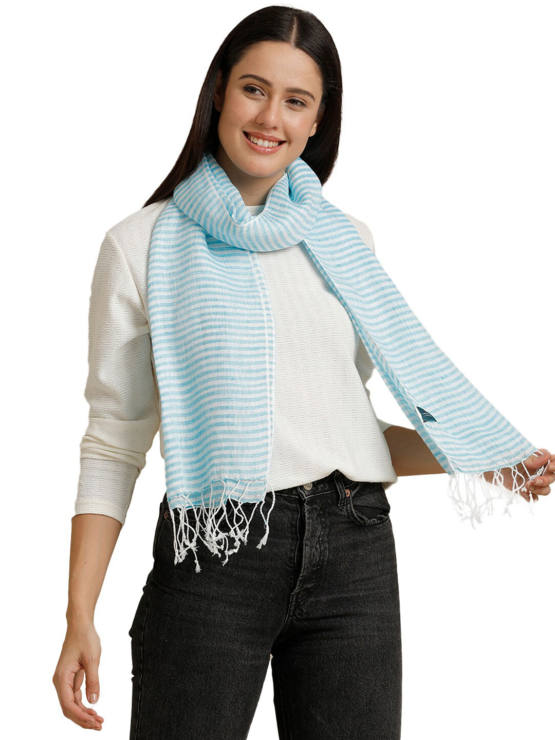 

Linen Club Unisex Striped Pure Linen Stole, Turquoise blue