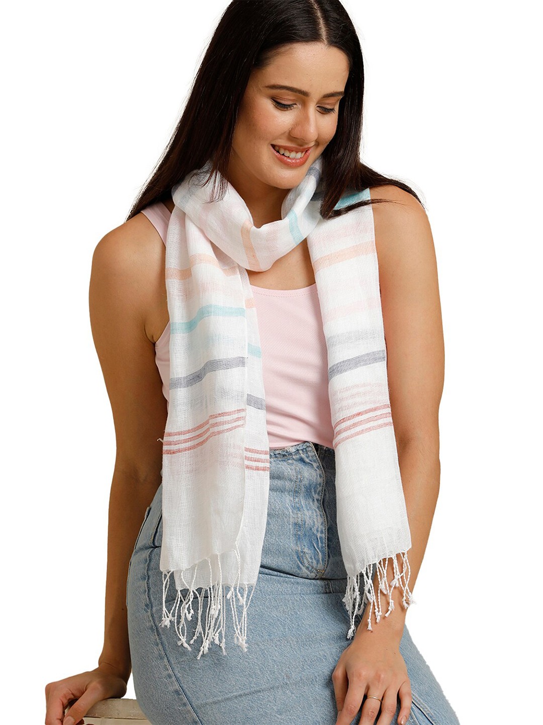 

Linen Club Unisex Striped Pure Linen Stole, White