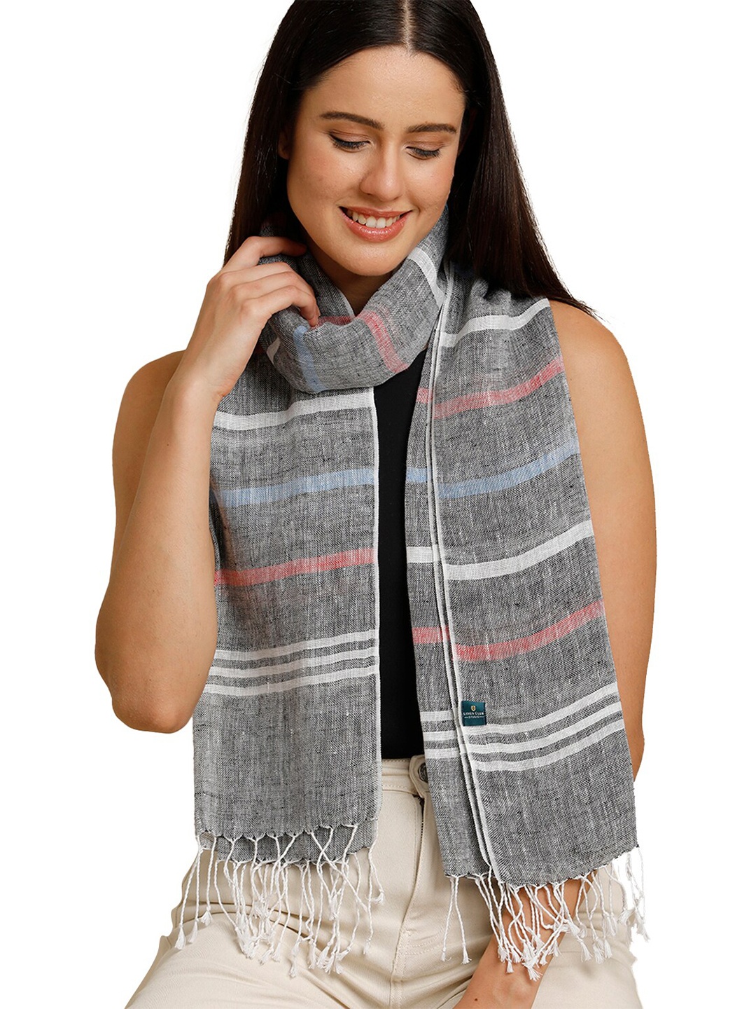 

Linen Club Unisex Striped Pure Linen Stole, Grey