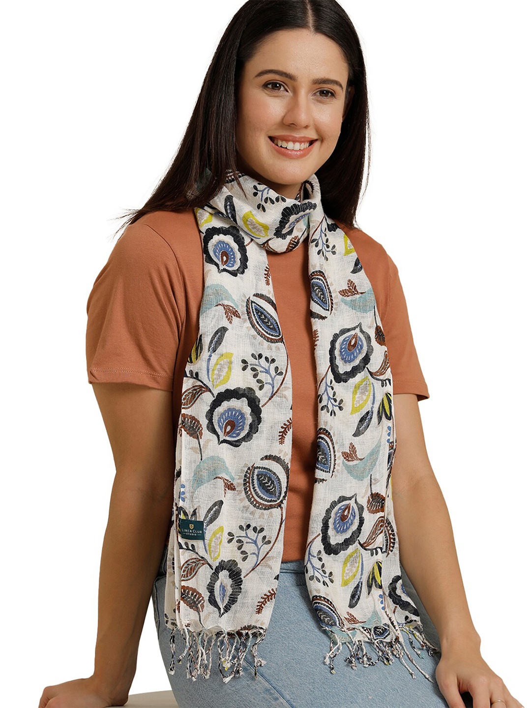 

Linen Club Unisex Ethnic Motif Printed Pure Linen Stole, White