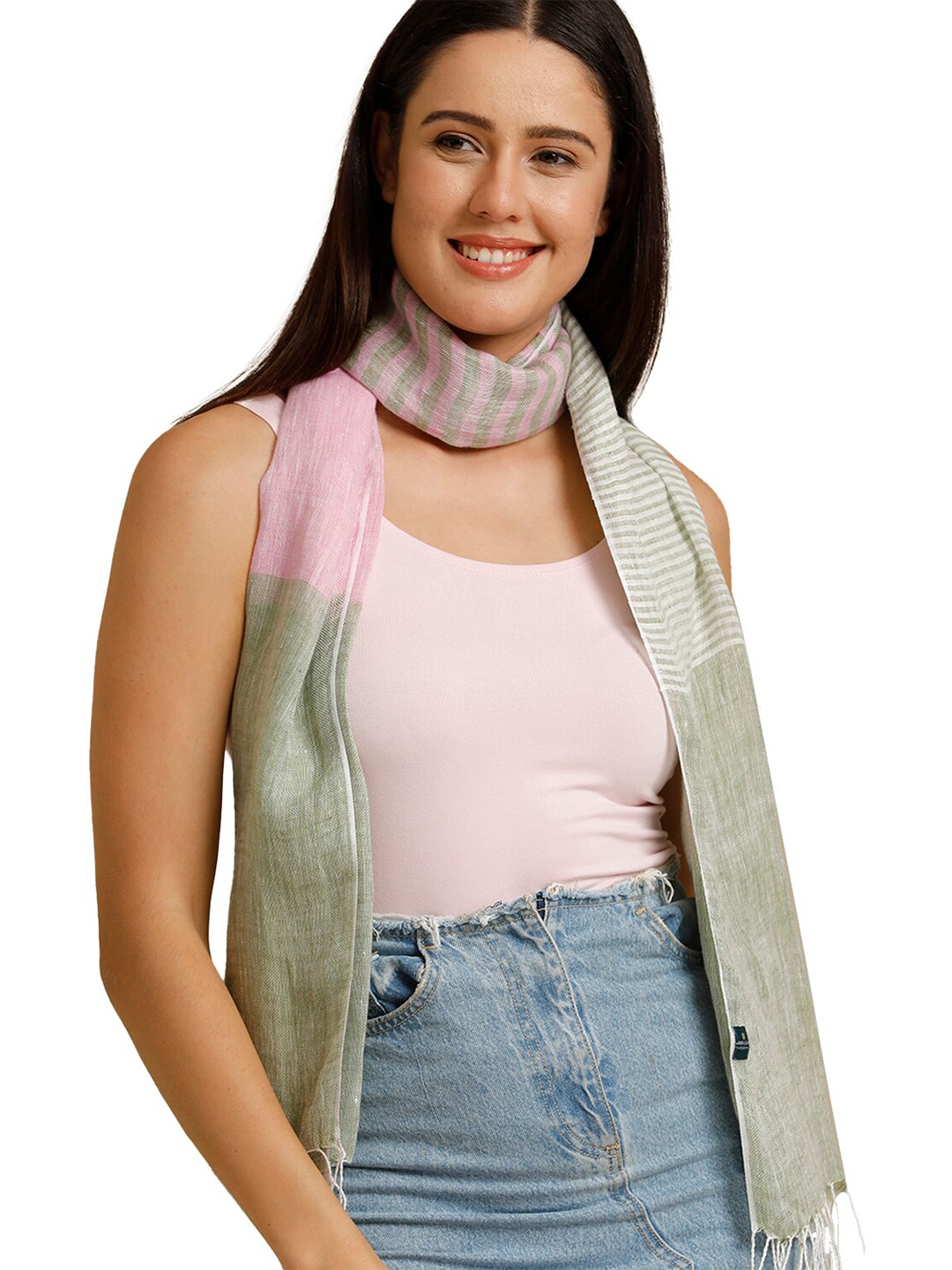

Linen Club Unisex Striped Pure Linen Stole, Green