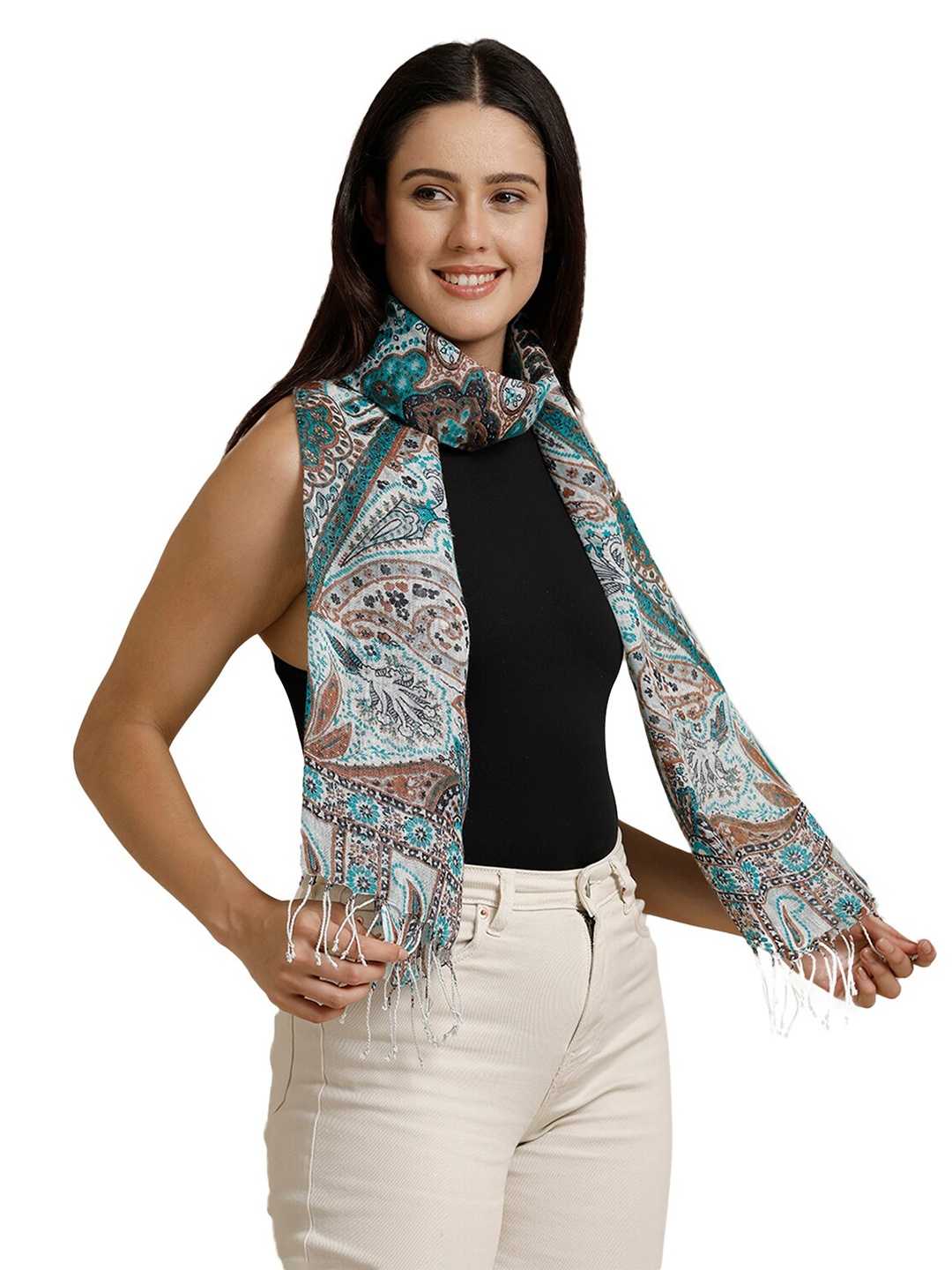 

Linen Club Unisex Floral Printed Pure Linen Stole, Turquoise blue