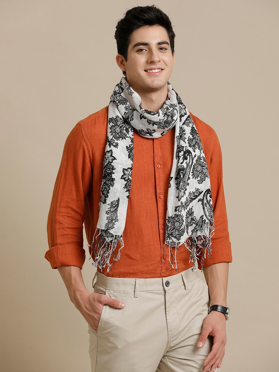 

Linen Club Unisex Printed Tasselled Pure Linen Stole, White