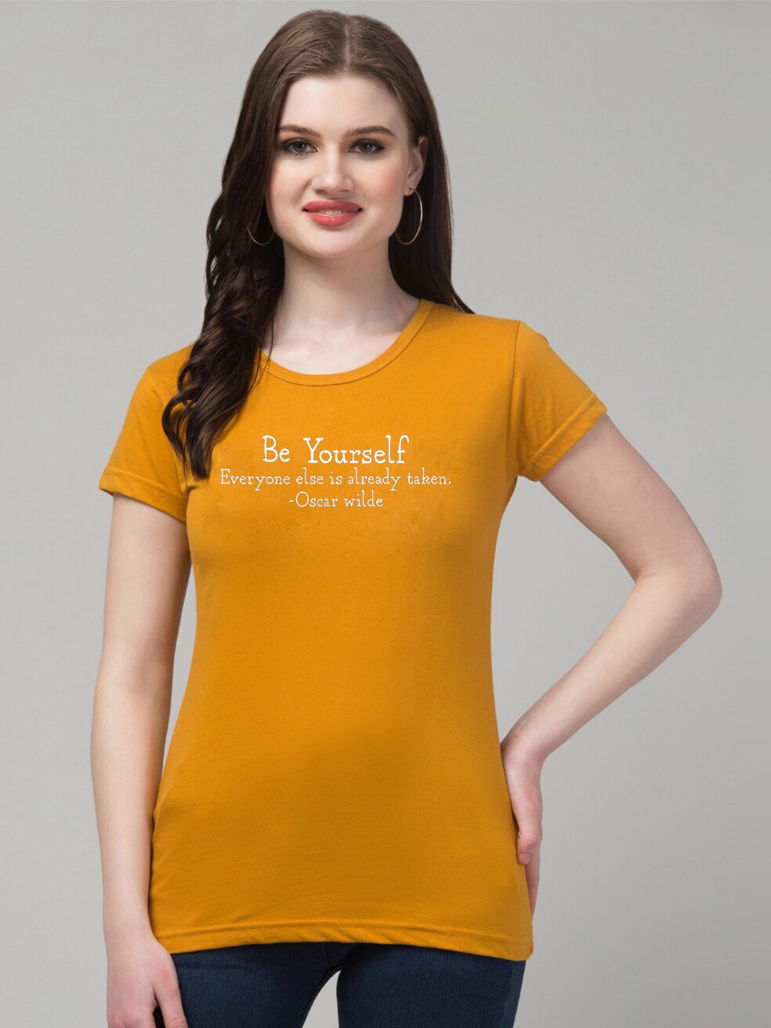 Trend Level Short Sleeves Cotton Typography Printed T-shirt, Mustard