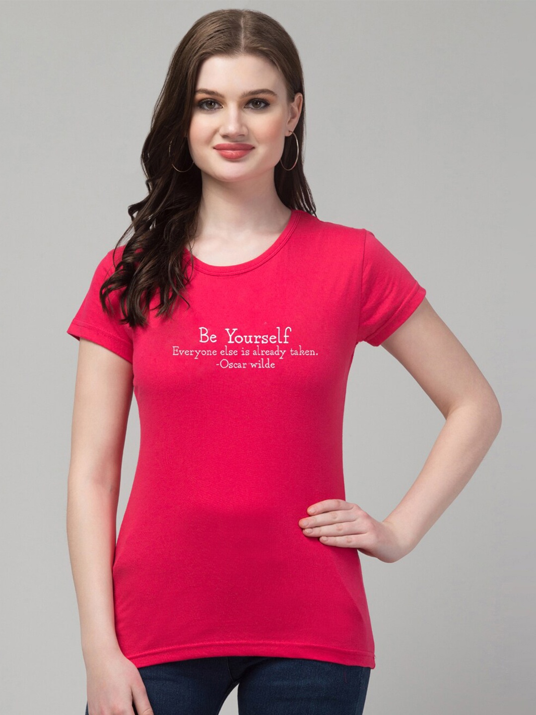 

Trend Level Short Sleeves Cotton Typography Printed Applique T-shirt, Magenta