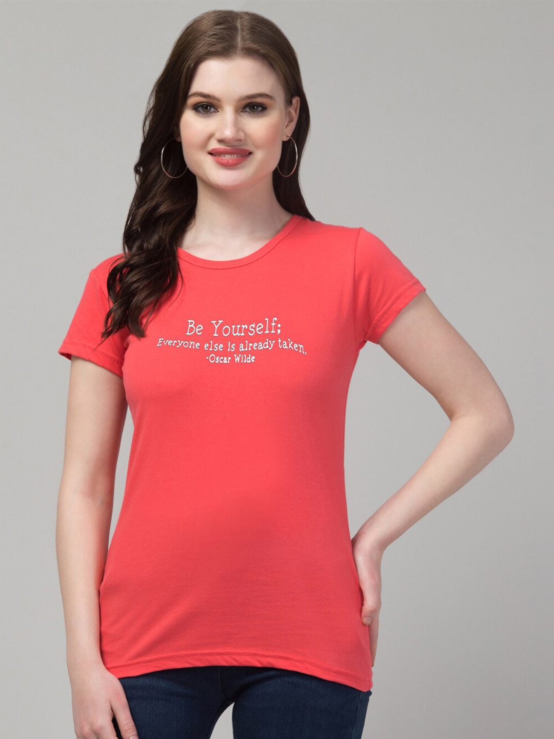 

Trend Level Short Sleeves Cotton Typography Printed T-shirt, Peach