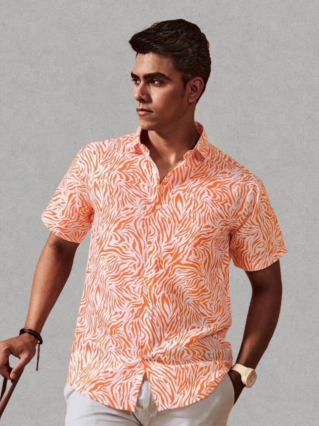 

LONDON PRINTS Abstract Printed India Slim Fit Casual Shirt, Orange