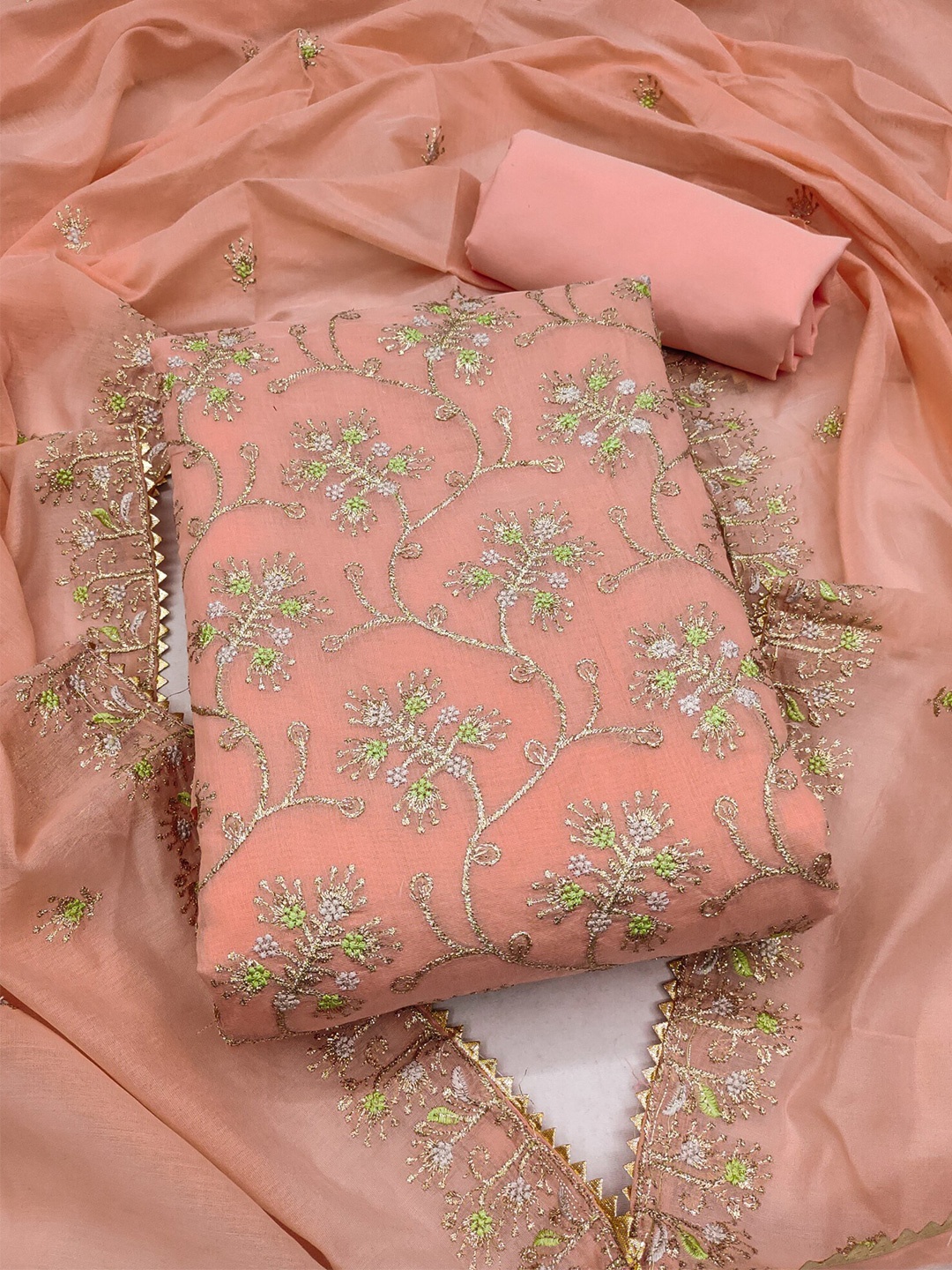 

Panzora Floral Embroidered Unstitched Dress Material, Peach