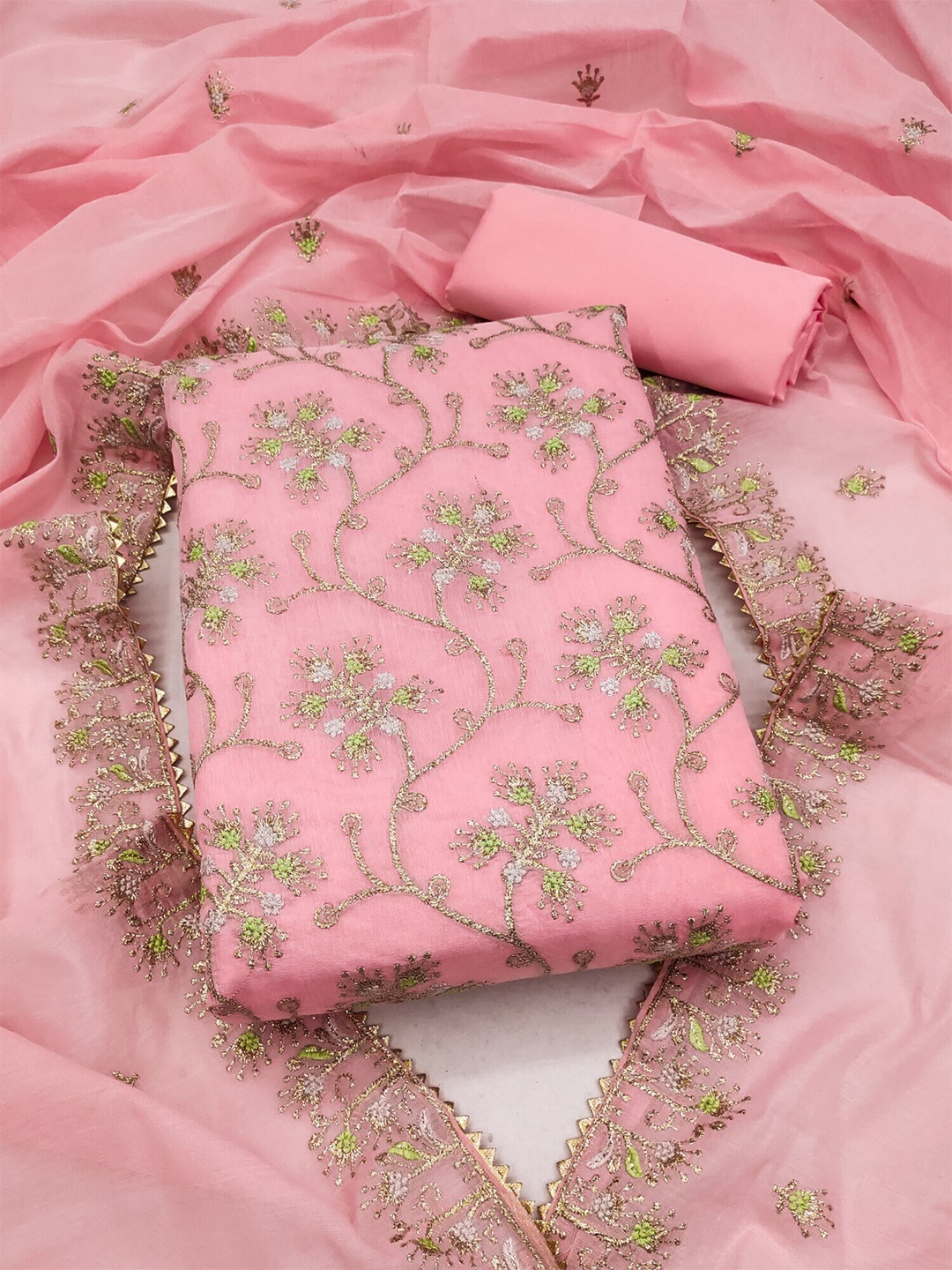 

Panzora Floral Embroidered Unstitched Dress Material, Pink