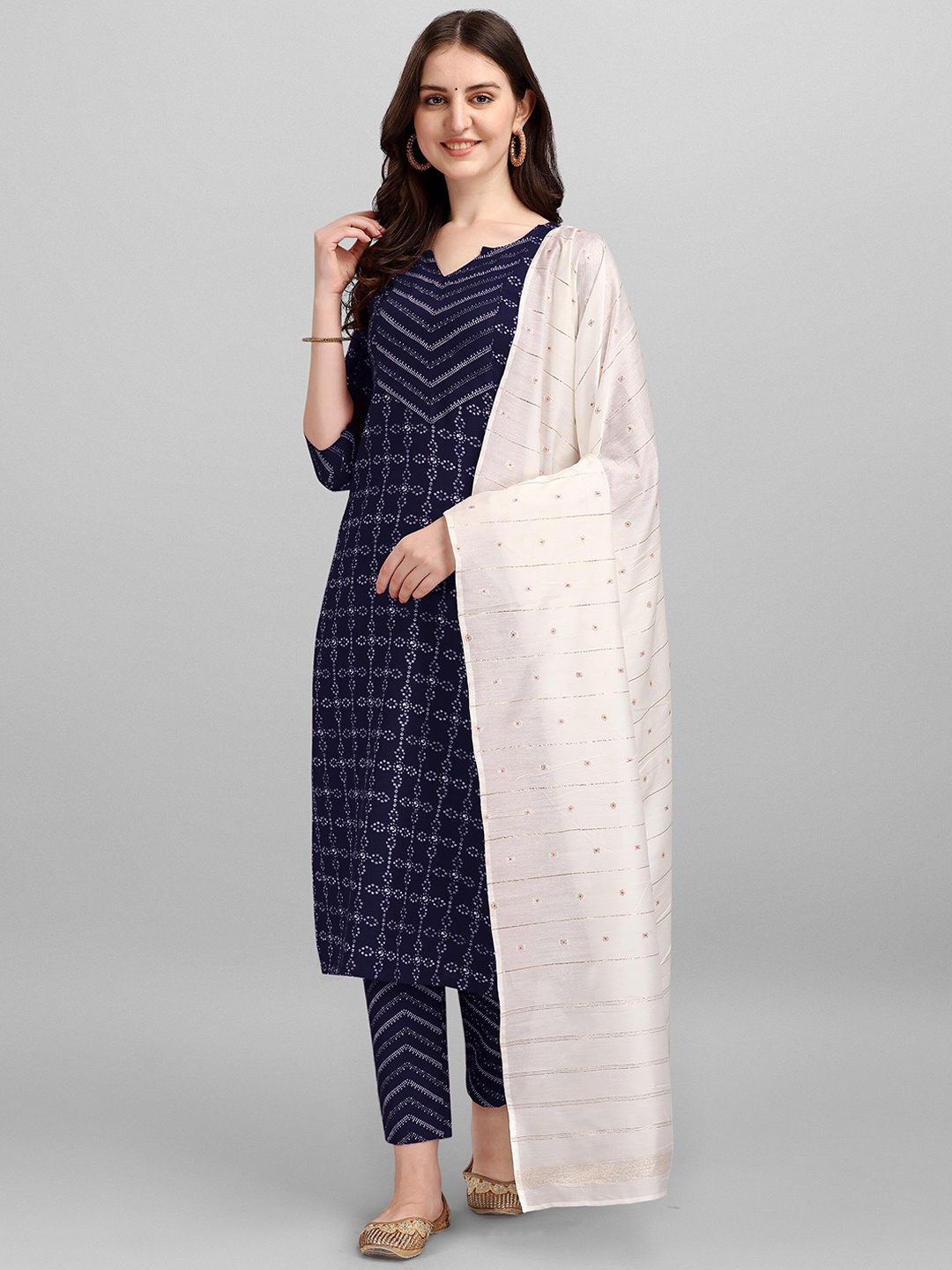 

WILNERCROWN Printed Notched Neck Pure Cotton Straight Kurta With Trouser & Dupatta, Navy blue